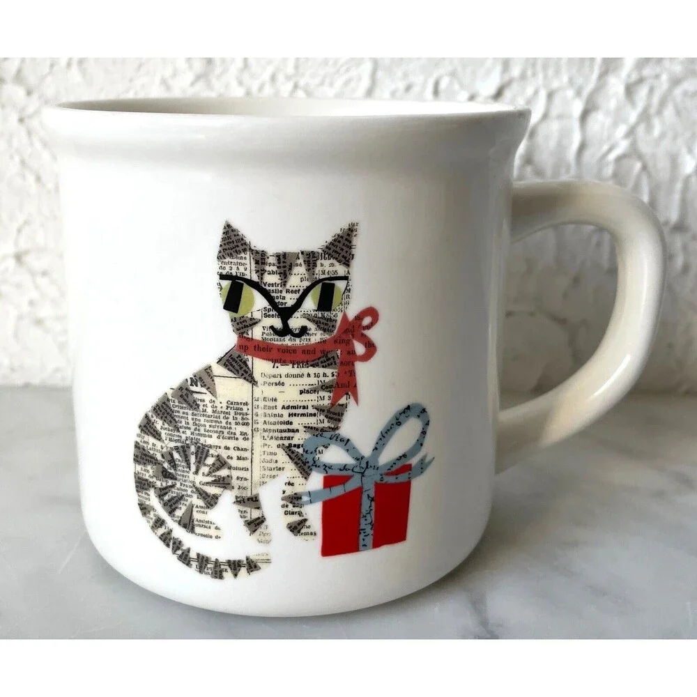 Pottery Barn & Denise Fiedler Mug Whimsical Cat WIth Wrapped Gift Coffee Cup